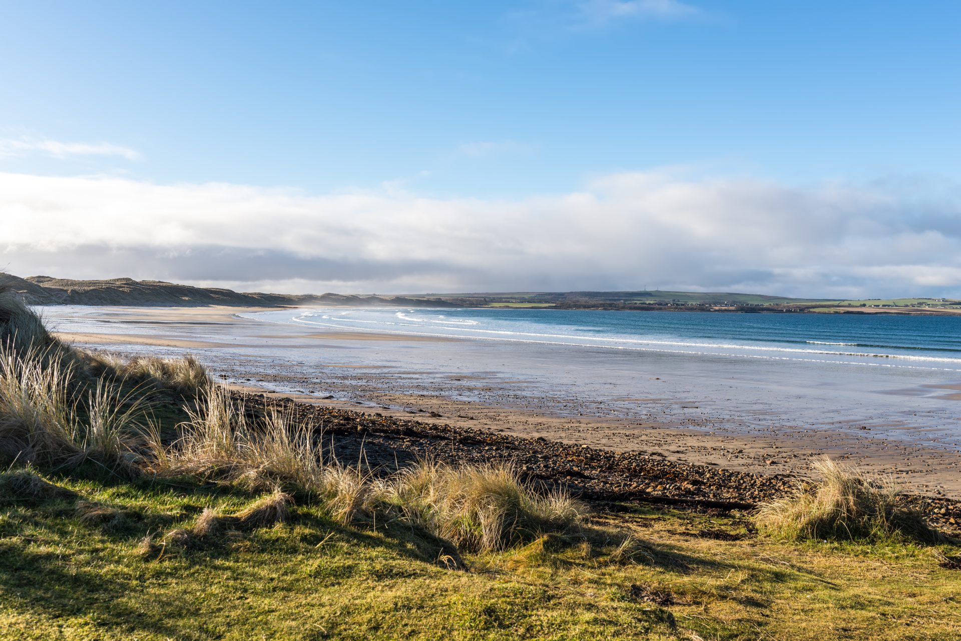 View of winter Dunnet Beach near Dunnet Head, Caithness, Highlands, Scotland, United Kingdom, Europe. Dunnet Bay is a 2-mile-long beach with dunes, wildlife and surfing opportunities.