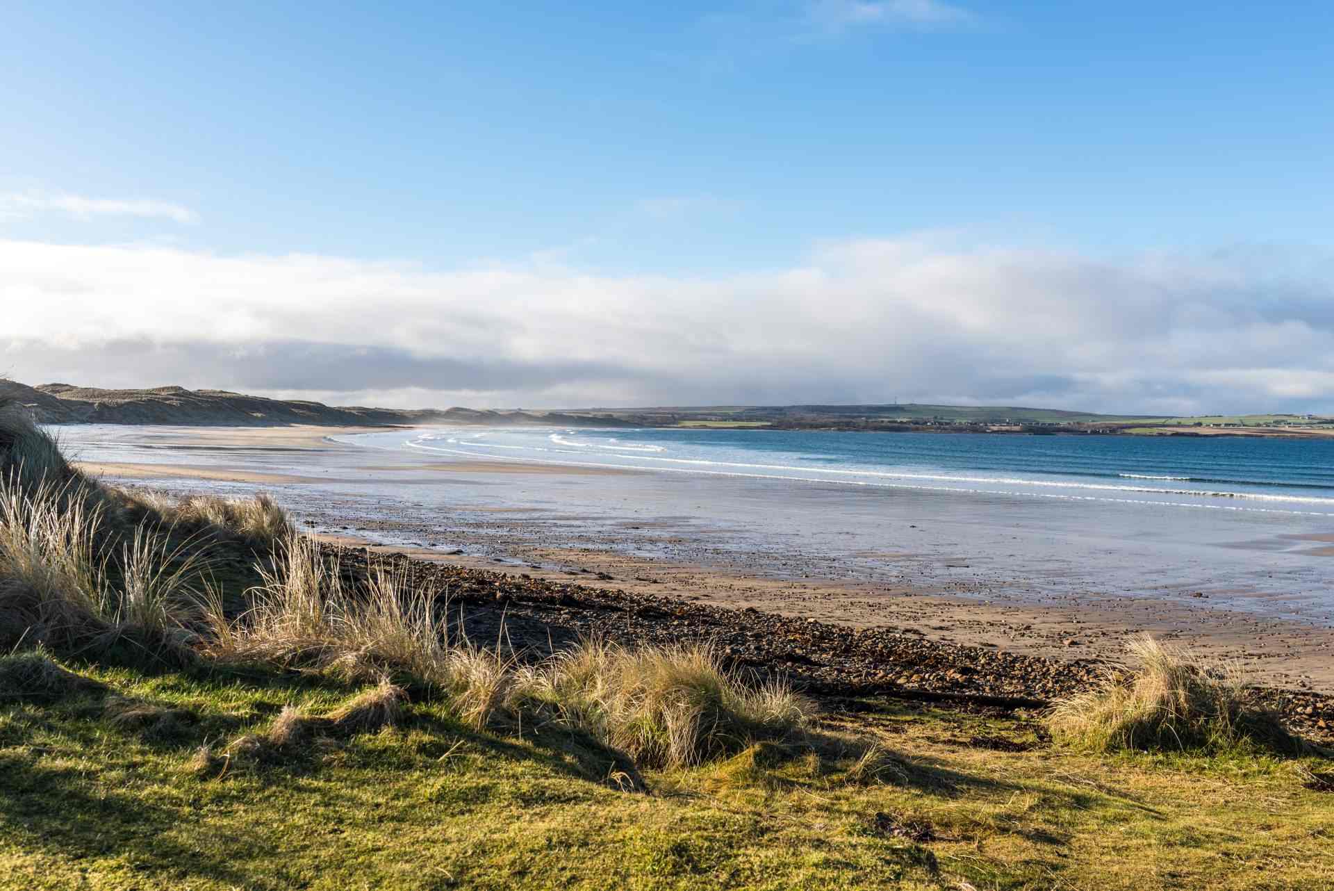 View of winter Dunnet Beach near Dunnet Head, Caithness, Highlands, Scotland, United Kingdom, Europe. Dunnet Bay is a 2-mile-long beach with dunes, wildlife and surfing opportunities.